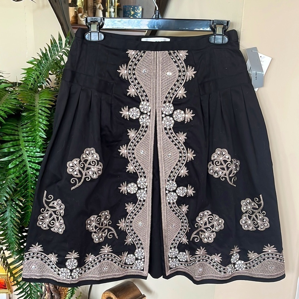 Brand New WD.NY Black Flair Pleat Skirt Embellished Embroidered Beaded Detail